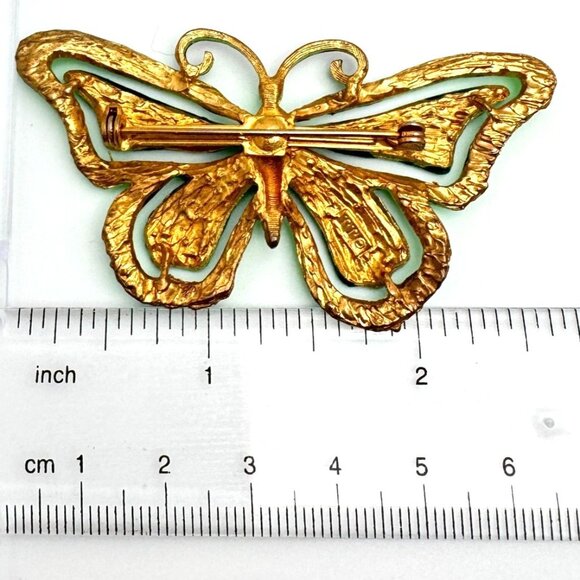 JJ Jonette Neon Green Butterfly Brooch Pin Textured Black Antenna 70s Vtg - Picture 3 of 8